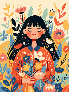 在花丛中赏花面带微笑的长发女孩背景图片