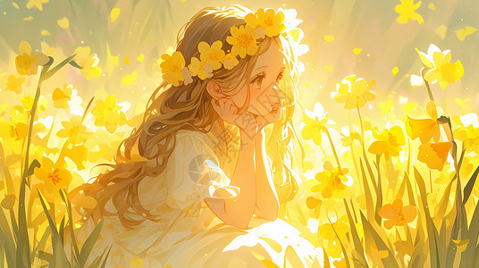 漂亮花丛在黄色花园中赏花的小清新漂亮小女孩插画