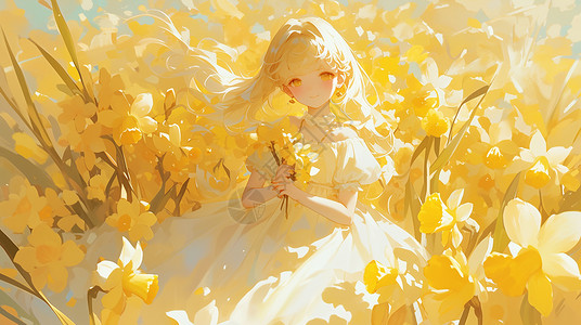 春天午后在黄色花园中赏花的女孩背景图片