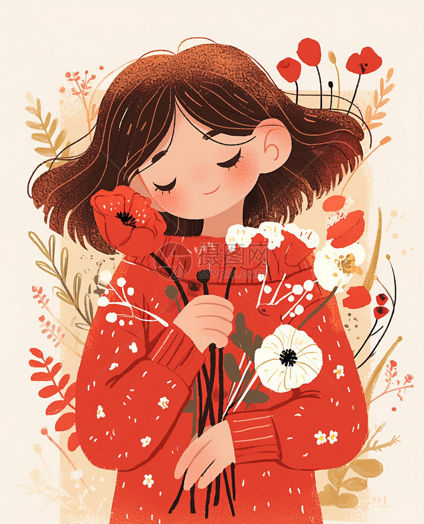 穿着红色毛衣怀抱花朵的女孩图片