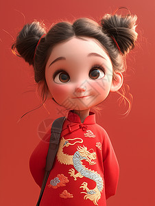 喜庆的红色衣服可爱的卡通小女孩背景图片