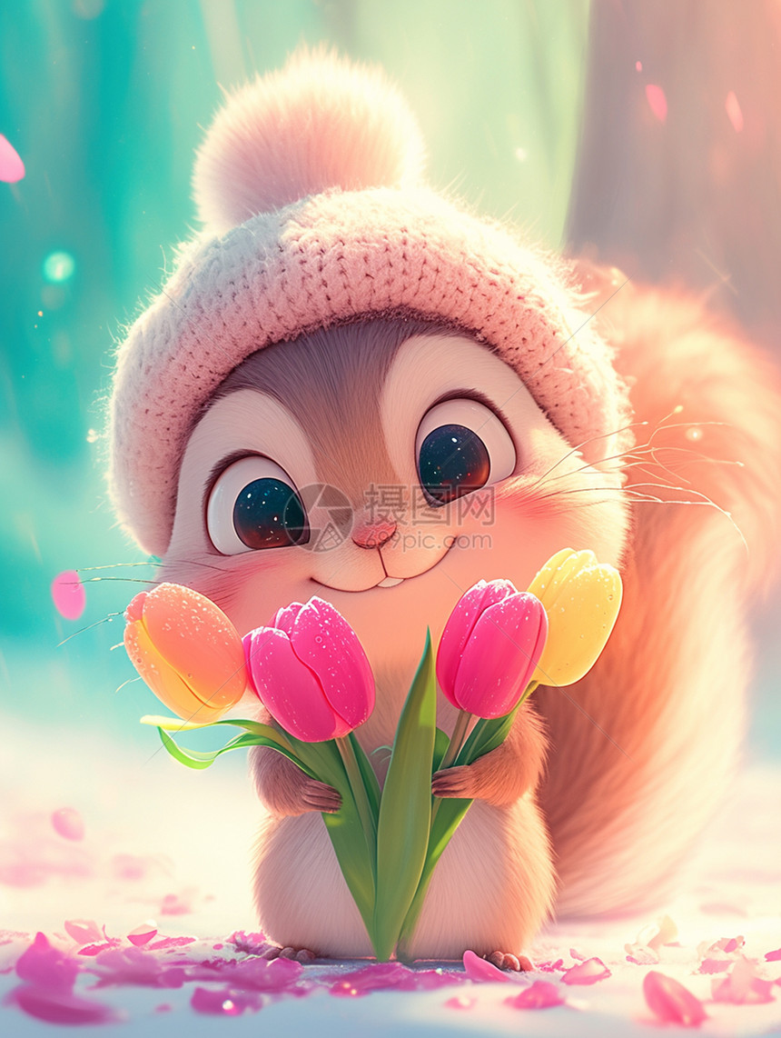 郁金香花朵的可爱卡通小松鼠图片