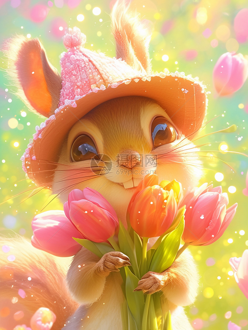 怀抱着郁金香花朵的可爱小松鼠图片