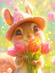 怀抱着郁金香花朵的可爱小松鼠背景图片