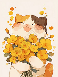 怀抱着小黄花的可爱小花猫高清图片