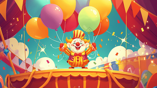 扁平风彩色气球手拿着很多气球在表演的卡通小丑插画