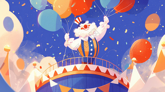 扁平风彩色气球站在高舞台上开心表演的卡通小丑插画