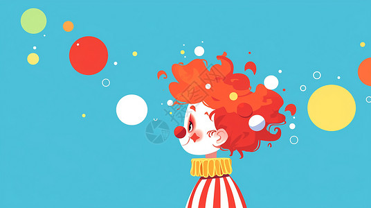 扁平风彩色气球红色头发的小丑插画