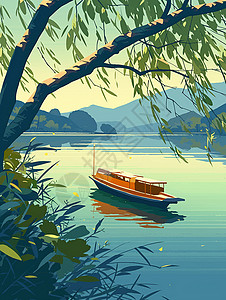在安静的湖面上飘着一艘小小的船背景图片