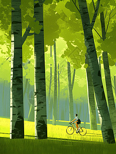 绿色剪影春天一个小小的人物在森林中骑自行车插画