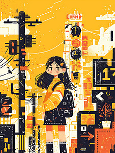 涂鸦风时尚的黄色调在街角处的卡通女孩背景图片