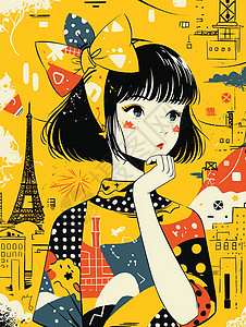 涂鸦风时尚的黄色调在街角处的女孩背景图片