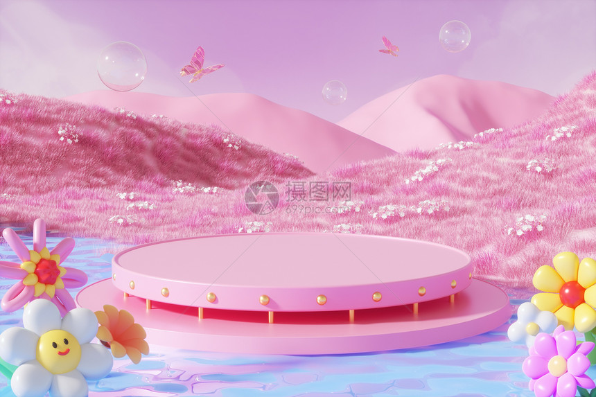 3D立体春季粉色展台场景图片