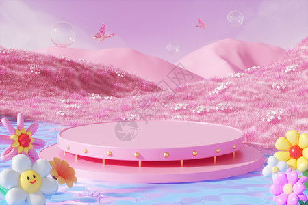 3D立体春季粉色展台场景背景图片