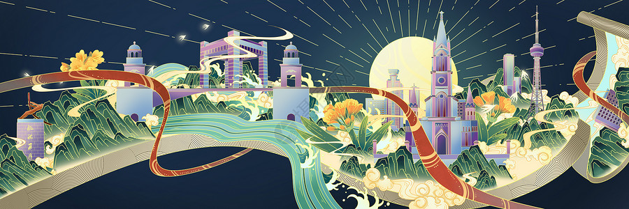 阿诗玛雕像吉林城市地标手绘插画国潮山水长卷插画