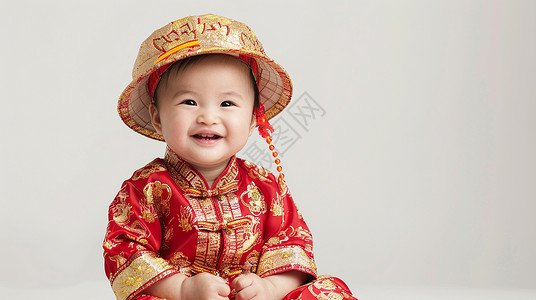 宝宝笑红色喜庆的民族风服装开心笑的女婴插画