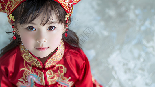 红色喜庆服装黑色头发可爱的小女孩背景图片