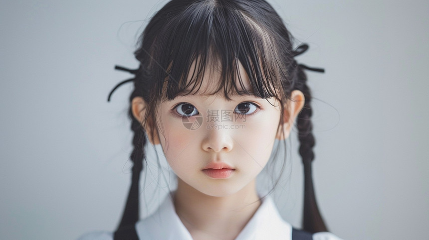 可爱的卡通小女孩穿白衬衫扎两个辫子大眼睛图片