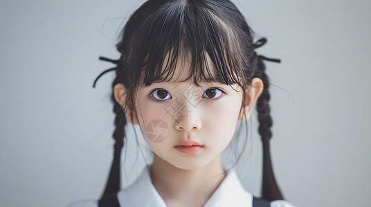 可爱的卡通小女孩穿白衬衫扎两个辫子大眼睛背景图片