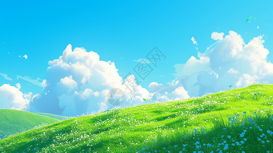 草地上野花蓝天白云下一片油油的草地上开满了鲜花插画