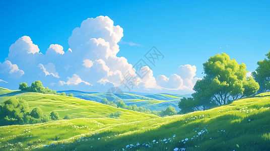卡通树素材春天蓝天白云下的草地上开满了鲜花插画