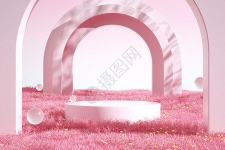 粉色草地展台背景图片