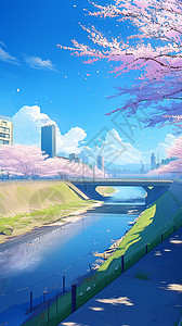河小河城市边的河卡通风景插画