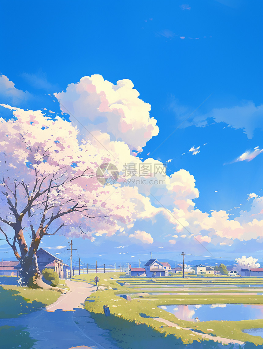 蓝天白云下小小的村庄唯美春天卡通风景图片