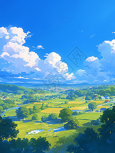 蓝天白云绿树春天蓝天白云下小小的村庄唯美春天的风景插画