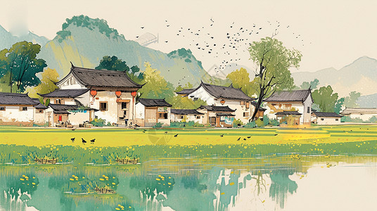 春天一座卡通小村庄背景图片