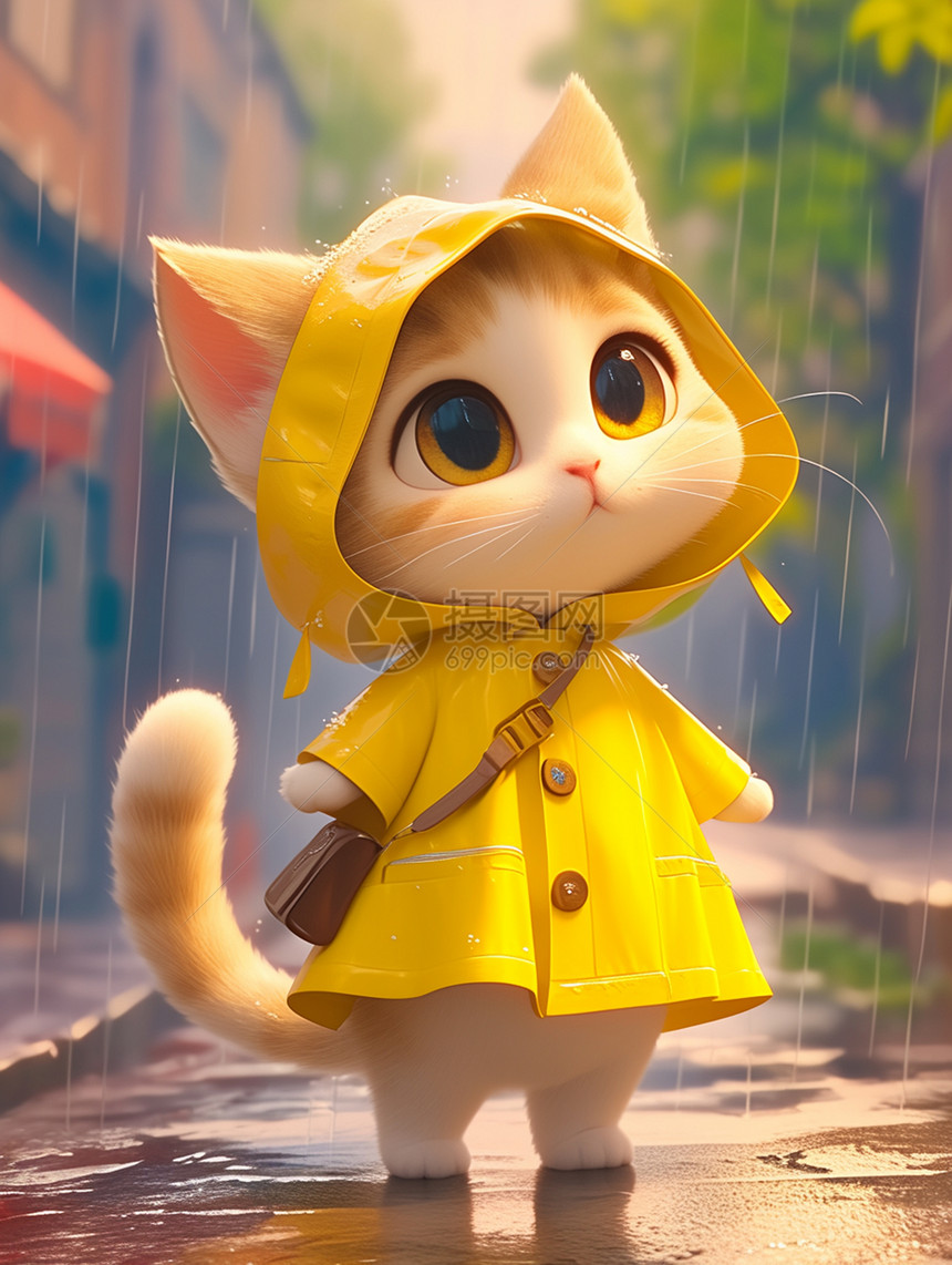 穿着黄色雨衣背着包在雨中的卡通小猫图片