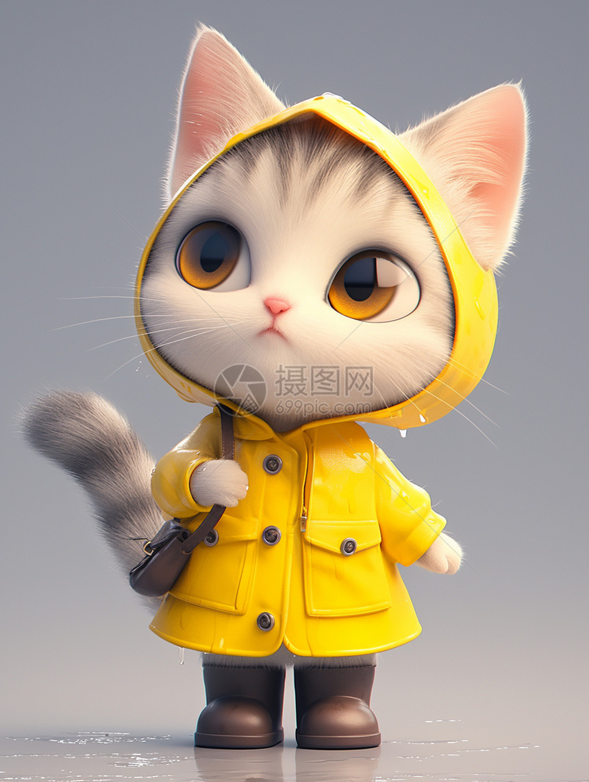 背着包在雨中的可爱卡通小猫图片