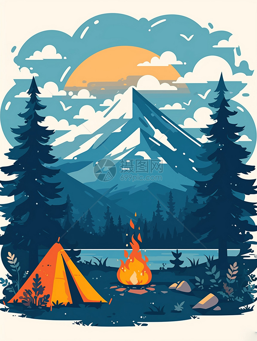 春天在森林湖边露营帐篷图片