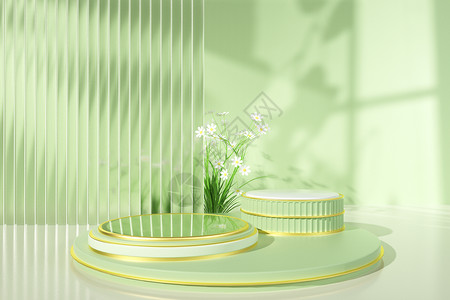 3D立体淡绿色电商春季主题展台背景图片