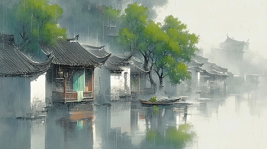 春天雨中小村庄的河边背景图片