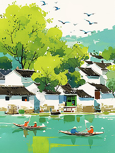 柳树白墙黑瓦卡通村庄旁的湖面上几艘小船在安静的划着插画