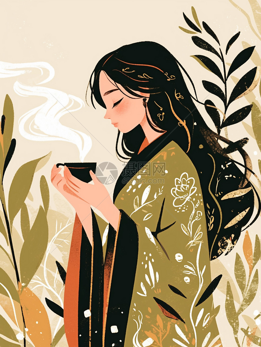 喝热茶优雅的扁平风古风卡通女人图片