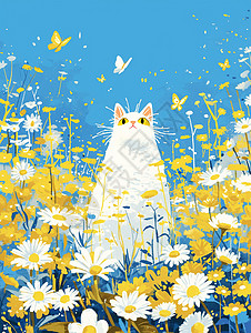 扁平风小雏菊在小雏菊花丛中一只可爱的卡通小白猫插画