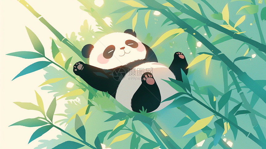 在绿色竹林中悠闲休息的卡通大熊猫图片