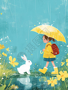 雨中打着伞的可爱卡通小女孩与宠物小白兔高清图片