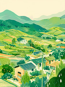 手绘耕地手绘山中一座美丽的卡通小村庄插画