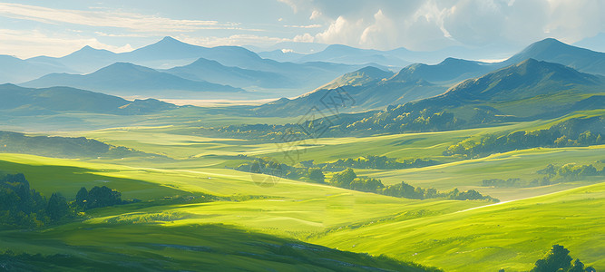 草原山坡绿草远处连绵不断的山川唯美卡通风景插画