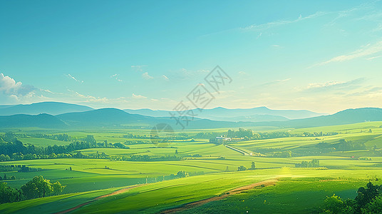 春天平坦的山坡唯美卡通风景背景图片