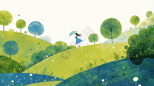 春天拿着雨伞走在山坡上的卡通女孩高清图片