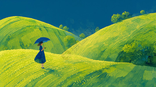 走百病春天拿着雨伞走在山坡上的卡通女孩插画