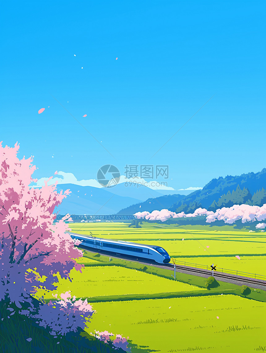 春天一辆开在田野间的卡通火车图片