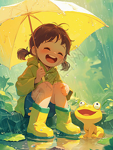 黄色伞穿着黄色雨鞋撑着伞坐在雨中赏雨玩耍的开心笑的卡通小女孩插画