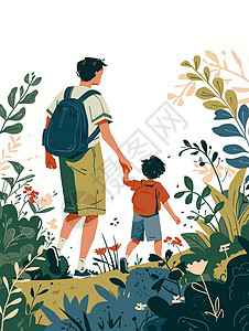 父子手牵手背影手拉着手走在森林散步的卡通父子插画