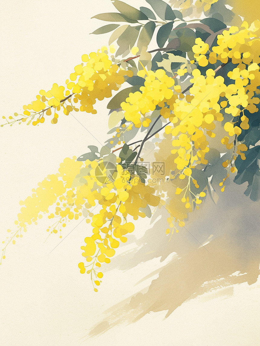 一株盛开着黄色小花的树枝图片
