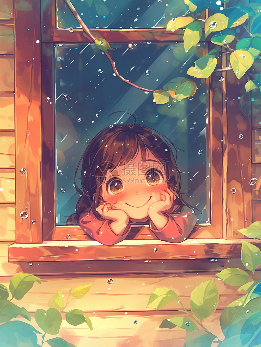 趴在窗边赏雨的可爱卡通小女孩图片